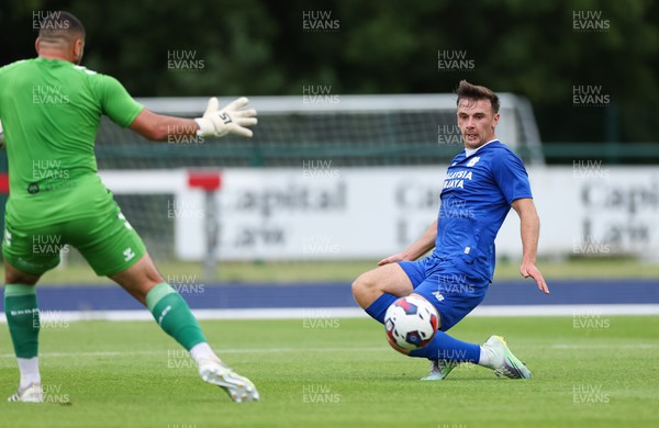 120722 - Cardiff City v Newport County, Pre-season friendly - Mark Harris of Cardiff City looks on as his shot beats Newport County goalkeeper Nick Townsend but goes wide of the goal
