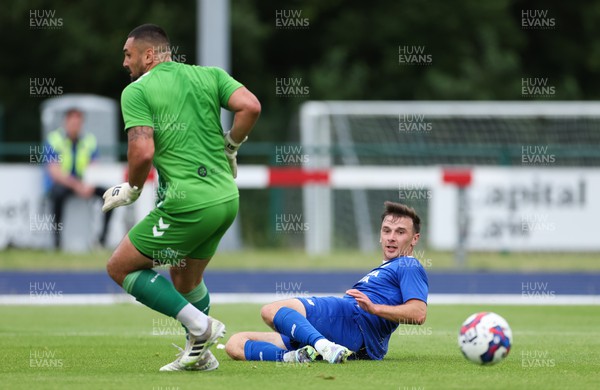 120722 - Cardiff City v Newport County, Pre-season friendly - Mark Harris of Cardiff City looks on as his shot beats Newport County goalkeeper Nick Townsend but goes wide of the goal