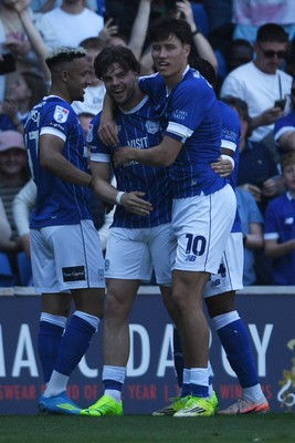 250426 - Cardiff City v Northampton Town - Sky Bet League 1 - Ollie Tanner of Cardiff City celebrates scoring a goal with team mates