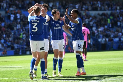 250426 - Cardiff City v Northampton Town - Sky Bet League 1 - Joel Colwill of Cardiff City celebrates scoring a goal with team mates