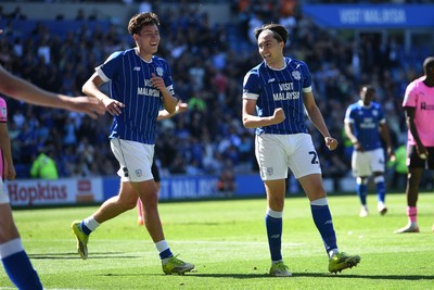 250426 - Cardiff City v Northampton Town - Sky Bet League 1 - Joel Colwill of Cardiff City celebrates scoring a goal with Rubin Colwill