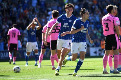 250426 - Cardiff City v Northampton Town - Sky Bet League 1 - Joel Colwill of Cardiff City celebrates scoring a goal with Rubin Colwill