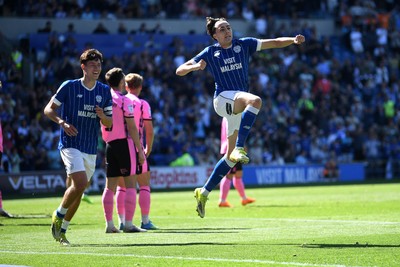 250426 - Cardiff City v Northampton Town - Sky Bet League 1 - Joel Colwill of Cardiff City celebrates scoring a goal with Rubin Colwill