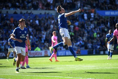 250426 - Cardiff City v Northampton Town - Sky Bet League 1 - Joel Colwill of Cardiff City celebrates scoring a goal with Rubin Colwill