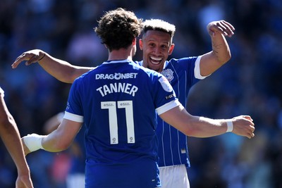 250426 - Cardiff City v Northampton Town - Sky Bet League 1 - Ollie Tanner of Cardiff City celebrates scoring a goal with Callum Robinson of Cardiff City