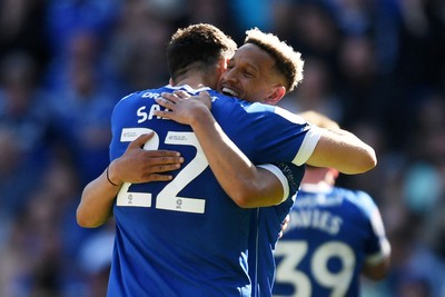 250426 - Cardiff City v Northampton Town - Sky Bet League 1 - Yousef Salech of Cardiff City celebrates scoring a goal with Callum Robinson of Cardiff City