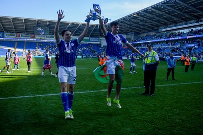 250426 - Cardiff City v Northampton Town - Sky Bet League 1 - Joel Colwill of Cardiff City and Rubin Colwill of Cardiff City celebrate at full time