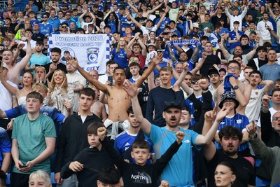 250426 - Cardiff City v Northampton Town - Sky Bet League 1 - Fans celebrate at full time