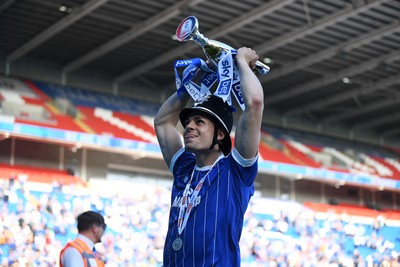 250426 - Cardiff City v Northampton Town - Sky Bet League 1 - Yousef Salech of Cardiff City celebrates at full time