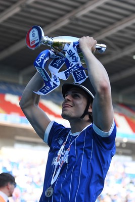 250426 - Cardiff City v Northampton Town - Sky Bet League 1 - Yousef Salech of Cardiff City celebrates at full time