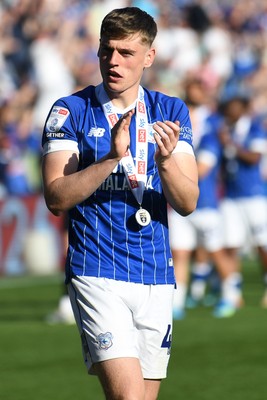 250426 - Cardiff City v Northampton Town - Sky Bet League 1 - Dylan Lawlor of Cardiff City celebrates at full time