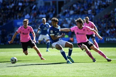 250426 - Cardiff City v Northampton Town - Sky Bet League 1 - Omari Kellyman of Cardiff City is challenged by Max Dyche of Northampton 