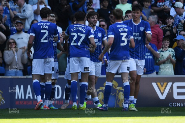 250426 - Cardiff City v Northampton Town - Sky Bet League 1 - Ollie Tanner of Cardiff City celebrates scoring a goal with team mates