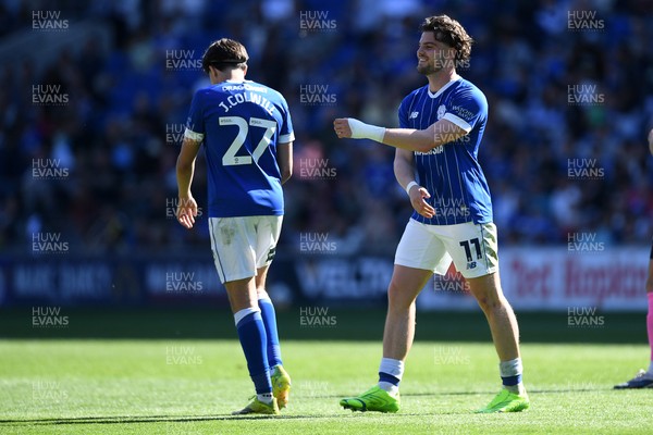 250426 - Cardiff City v Northampton Town - Sky Bet League 1 - Ollie Tanner of Cardiff City celebrates scoring a goal with team mates