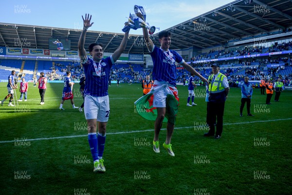 250426 - Cardiff City v Northampton Town - Sky Bet League 1 - Joel Colwill of Cardiff City and Rubin Colwill of Cardiff City celebrate at full time
