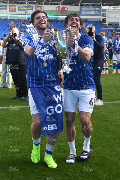 250426 - Cardiff City v Northampton Town - Sky Bet League 1 - Ollie Tanner of Cardiff City and Ryan Wintle of Cardiff City celebrate promotion at full time