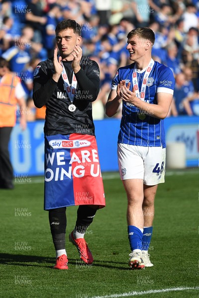 250426 - Cardiff City v Northampton Town - Sky Bet League 1 - Harry Tyrer of Cardiff City and Dylan Lawlor of Cardiff City at full time