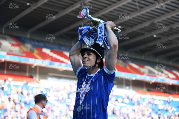 250426 - Cardiff City v Northampton Town - Sky Bet League 1 - Yousef Salech of Cardiff City celebrates at full time