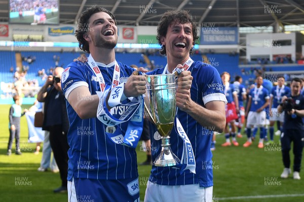 250426 - Cardiff City v Northampton Town - Sky Bet League 1 - Ollie Tanner of Cardiff City and Ryan Wintle of Cardiff City celebrate promotion at full time