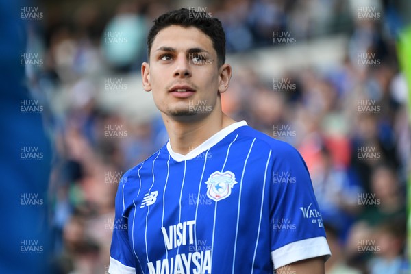 250426 - Cardiff City v Northampton Town - Sky Bet League 1 - Yousef Salech of Cardiff City walks out for the trophy lift at the end of the match