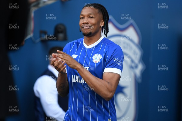 250426 - Cardiff City v Northampton Town - Sky Bet League 1 - Gabriel Osho of Cardiff City walks out for the trophy lift at the end of the match