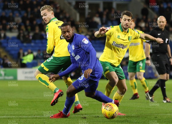 011217 - Cardiff City v Norwich City, Sky Bet Championship - Junior Hoilett of Cardiff City takes on Wes Hoolahan of Norwich City and James Maddison of Norwich City