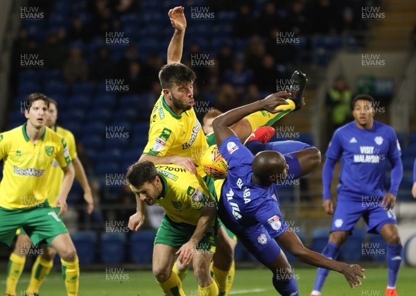 011217 - Cardiff City v Norwich City, Sky Bet Championship - Sol Bamba of Cardiff City competes for the ball with Wes Hoolahan of Norwich City and Grant Hanley of Norwich City