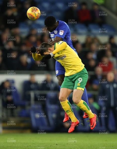 011217 - Cardiff City v Norwich City, Sky Bet Championship - Bruno Ecuele Manga of Cardiff City wins the ball from Nelson Oliveira of Norwich City