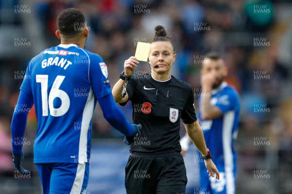 111123 - Cardiff City v Norwich City - Sky Bet Championship - Referee Rebecca Welch shows Karlan Grant Of Cardiff City a Yellow card