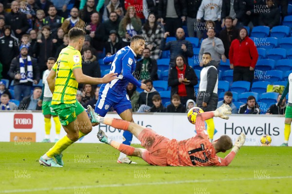 111123 - Cardiff City v Norwich City - Sky Bet Championship - Karlan Grant Of Cardiff City see shot saved by George Long of Norwich City