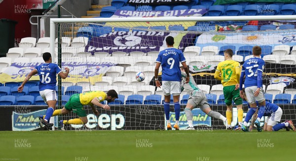 160121 - Cardiff City v Norwich City, Sky Bet Championship - Grant Hanley of Norwich City dives in to score the opening goal
