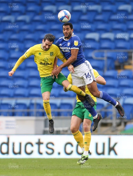 160121 - Cardiff City v Norwich City, Sky Bet Championship - Mario Vrancic of Norwich City and Curtis Nelson of Cardiff City compete for the ball 
