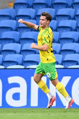 250826 - Cardiff City v Norwich City - Carabao Cup Second Round - Mathias Kvistgaarden of Norwich celebrates scoring a goal