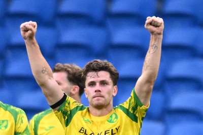 250826 - Cardiff City v Norwich City - Carabao Cup Second Round - Mathias Kvistgaarden of Norwich celebrates scoring a goal