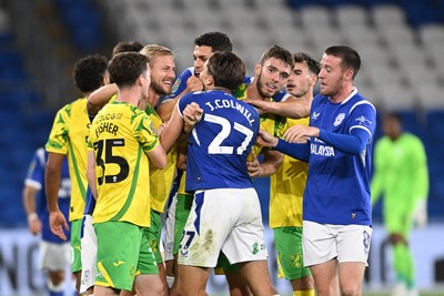 250826 - Cardiff City v Norwich City - Carabao Cup Second Round - Things heat up between Harry Darling of Norwich and Joel Colwill of Cardiff City