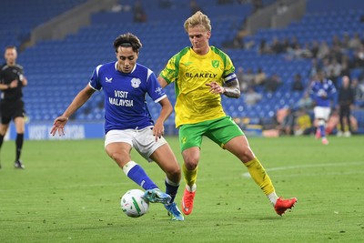 250826 - Cardiff City v Norwich City - Carabao Cup Second Round - Joel Colwill of Cardiff City is challenged by Pelle Mattsson of Norwich
