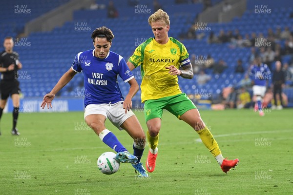 250826 - Cardiff City v Norwich City - Carabao Cup Second Round - Joel Colwill of Cardiff City is challenged by Pelle Mattsson of Norwich