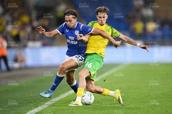 250826 - Cardiff City v Norwich City - Carabao Cup Second Round - Joel Colwill of Cardiff City is challenged by Jacob Wright of Norwich