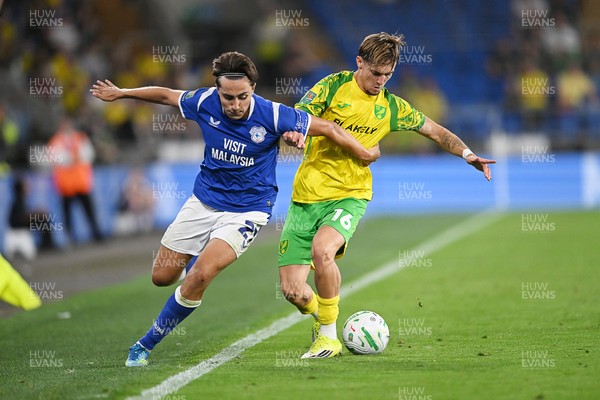 250826 - Cardiff City v Norwich City - Carabao Cup Second Round - Joel Colwill of Cardiff City is challenged by Jacob Wright of Norwich