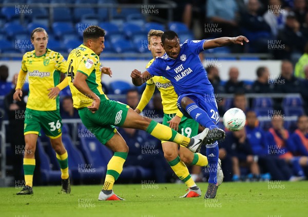 280818 - Cardiff City v Norwich City, Carabao Cup - Loic Damour of Cardiff City takes on Ben Godfrey of Norwich City