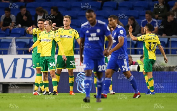 280818 - Cardiff City v Norwich City, Carabao Cup - Norwich players celebrate after Dennis Srbeny of Norwich City scores goal