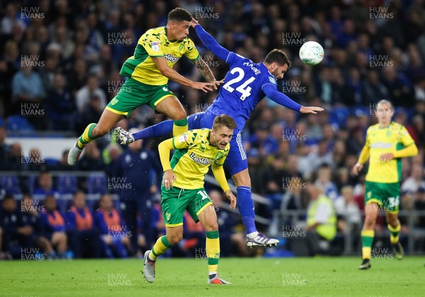280818 - Cardiff City v Norwich City, Carabao Cup - Gary Madine of Cardiff City is challenged by Ben Godfrey of Norwich City and Tom Trybull of Norwich City as they compete for the ball
