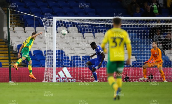 280818 - Cardiff City v Norwich City, Carabao Cup - Dennis Srbeny of Norwich City heads to score the second goal
