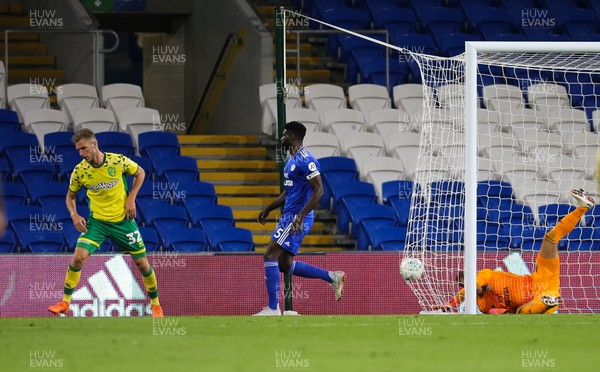 280818 - Cardiff City v Norwich City, Carabao Cup - Dennis Srbeny of Norwich City turns away to celebrate after he heads to score the second goal