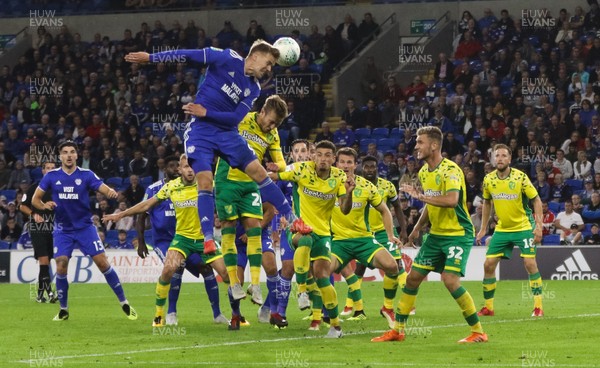 280818 - Cardiff City v Norwich City, Carabao Cup - Danny Ward of Cardiff City tries t head at goal