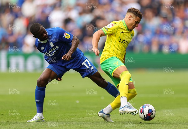 300722 - Cardiff City v Norwich City, Sky Bet Championship - Jamilu Collins of Cardiff City challenges Max Aarons of Norwich City