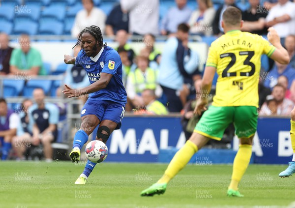 300722 - Cardiff City v Norwich City, Sky Bet Championship - Romaine Sawyers of Cardiff City shoots to score the opening goal