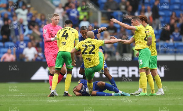 300722 - Cardiff City v Norwich City, Sky Bet Championship - Andy Rinomhota of Cardiff City pushes Teemu Pukki of Norwich City off Perry Ng of Cardiff City as tempers flare in the second half