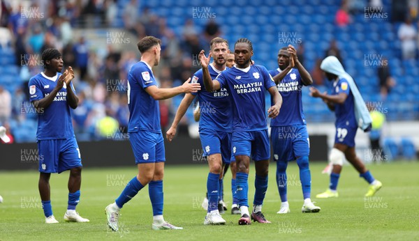 300722 - Cardiff City v Norwich City, Sky Bet Championship - Cardiff City players celebrate at the end of the match