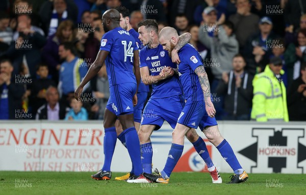 210418 - Cardiff City v Nottingham Forest - SkyBet Championship - Aron Gunnarsson of Cardiff City celebrates scoring a goal with Joe Ralls